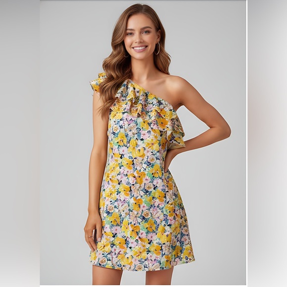 Boho Floral Print One Shoulder Ruffle Trim Dress - Picture 1 of 9